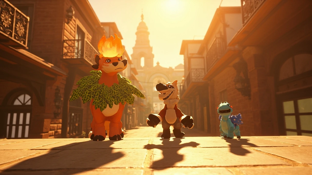 Three pokemon za starters standing on a stone platform in a Lumiose-inspired city at golden hour