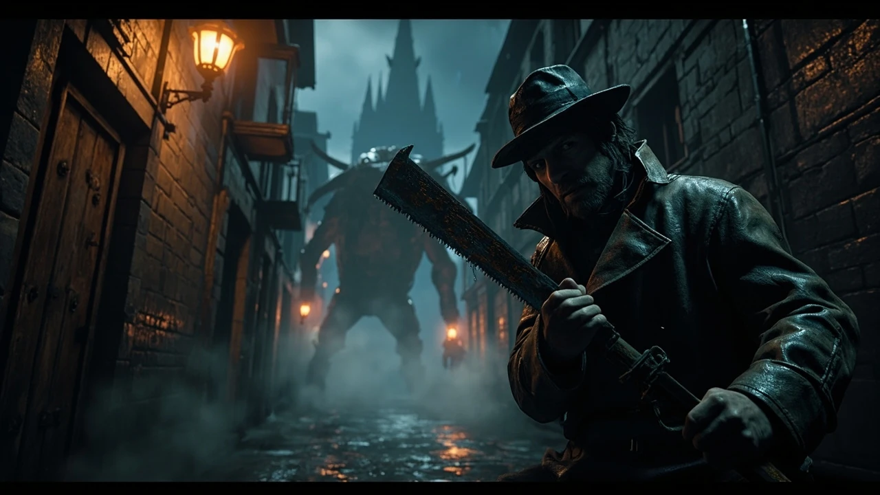 Hunter with a saw cleaver facing a towering beast in a dark gothic city, bloodborne walkthrough hero image