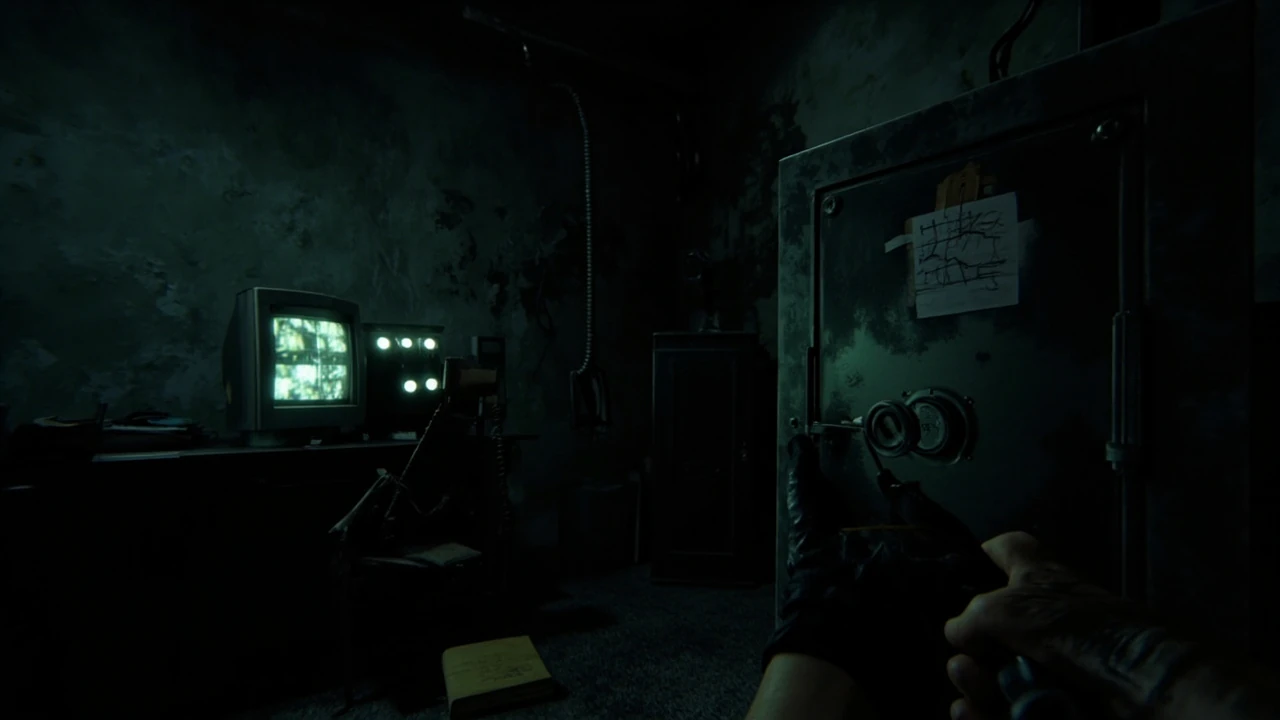 Player entering the monitor control room safe code in RE9 at a dim security desk