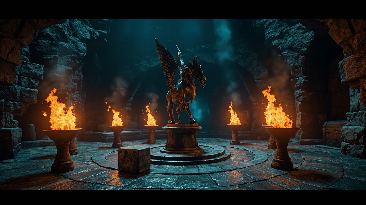 Hippogriff Marks the Spot quest guide hero image showing a stone hippogriff statue and brazier puzzle in a mountain hideaway