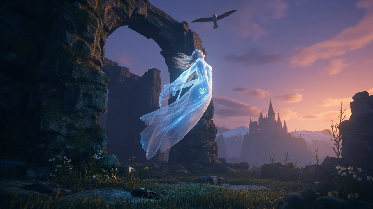 Ghost of our love Hogwarts Legacy quest scene with a spectral figure near a ruined tower