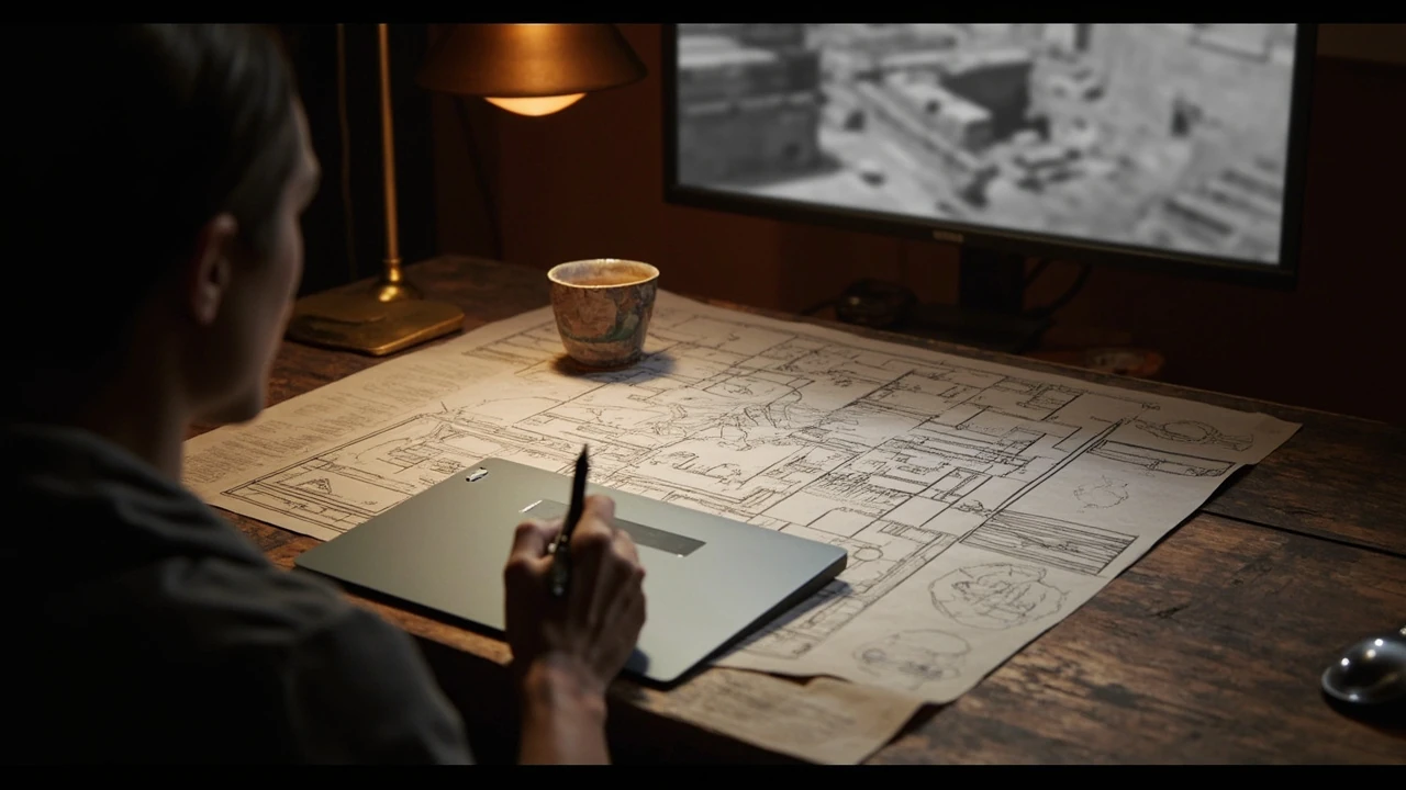Level designer reviewing a top-down paper layout of a buried ancient city on a wooden desk