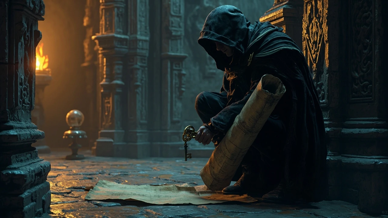 A hooded thief crouches in a stone corridor beneath the Imperial City Palace, holding a brass key and a rolled parchment, with torchlight on carved walls and a small glass orb on a pedestal in the background