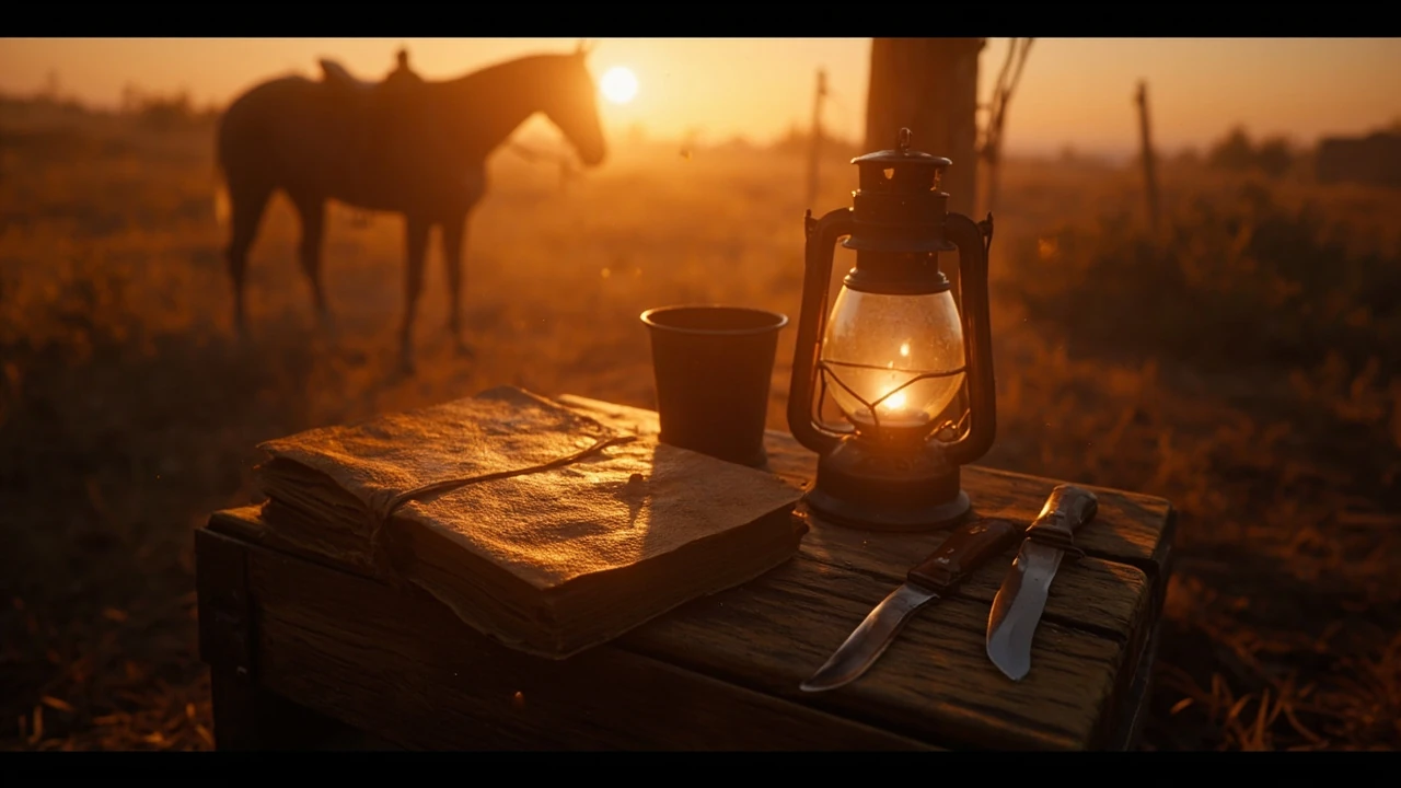 A cowboy writing a journal in a frontier camp, illustrating rdr2 challenges