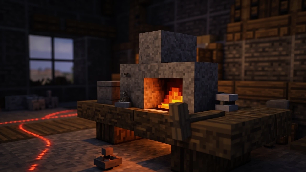 A Minecraft furnace smelting stone on a wooden workbench, with a smooth stone block stacked beside it and cobblestone nearby.