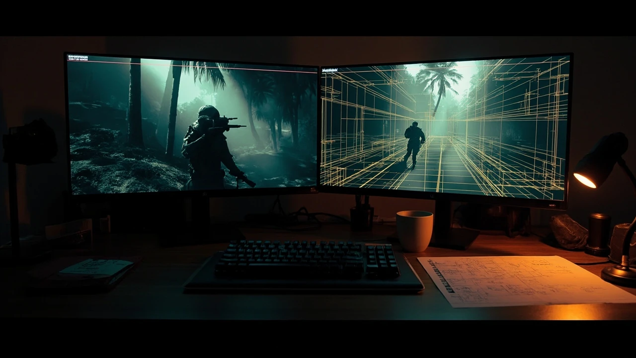 Metal Gear Solid Delta developer workspace showing reference footage next to a rebuilt level in a modern engine