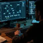 Game developer coding a forge crafting system on a workstation