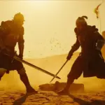Close threat Crimson Desert combat stance between player and armored enemy