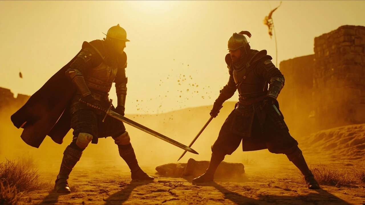 Close threat Crimson Desert combat stance between player and armored enemy