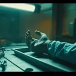 Close-up of the severed hand prop staged in a clinical room in Resident Evil Requiem